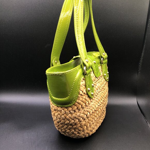 Michael Kors Straw and Green Leather Tote Bag w/Gold Color Hardware Excellent - Picture 7 of 15